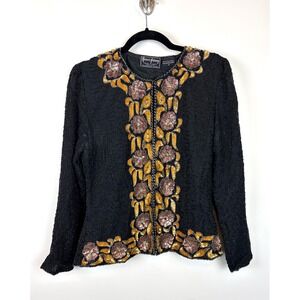 Vintage Robert Anthony Silk Beaded Jacket M Black Gold Floral Sequin 90s